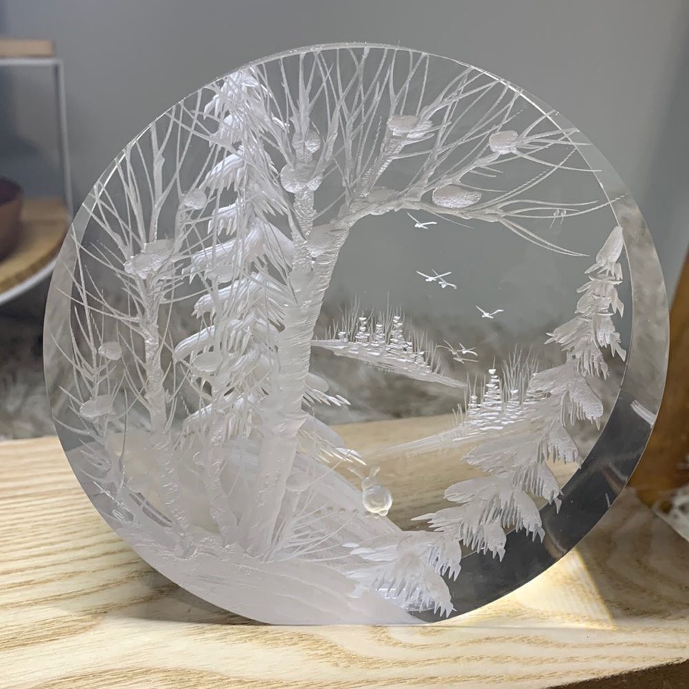 Lucite Winter Scene Reverse Carved Sculpture by‎ Frank Albrecht FRA Vintage 90’s